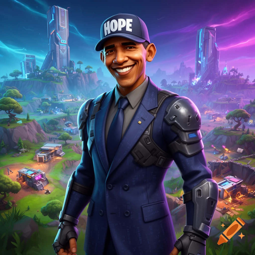 Barack Obama in a Fortnite-style suit with armor and a 'HOPE' cap, smiling in a futuristic, colorful landscape.
