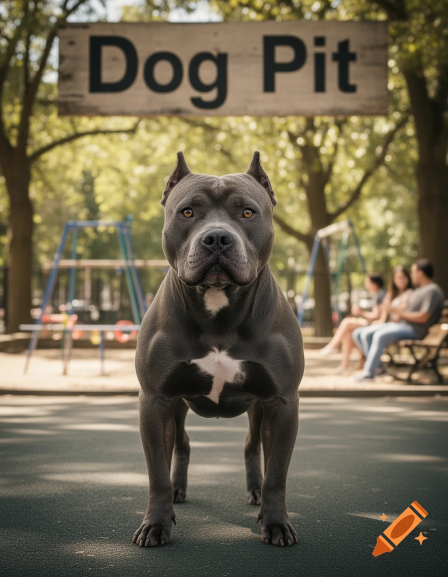 A muscular gray pit bull stands in a park, looking directly at the viewer, with a wooden sign reading "Dog Pit" overhead.