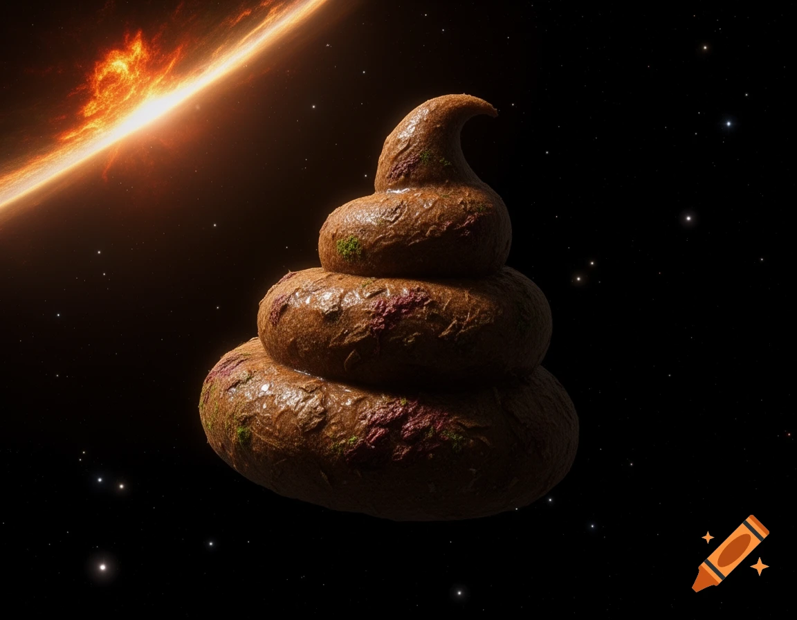 A textured brown spiral pile of feces floats in space, with a fiery orange celestial body and stars in the background.
