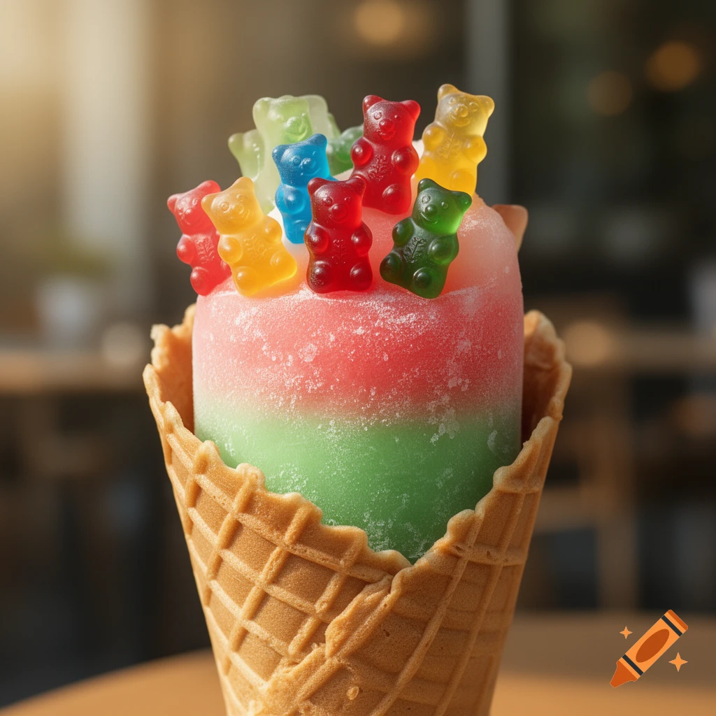 A close-up of a pink and green shaved ice dessert topped with colorful gummy bears, served in a waffle cone.