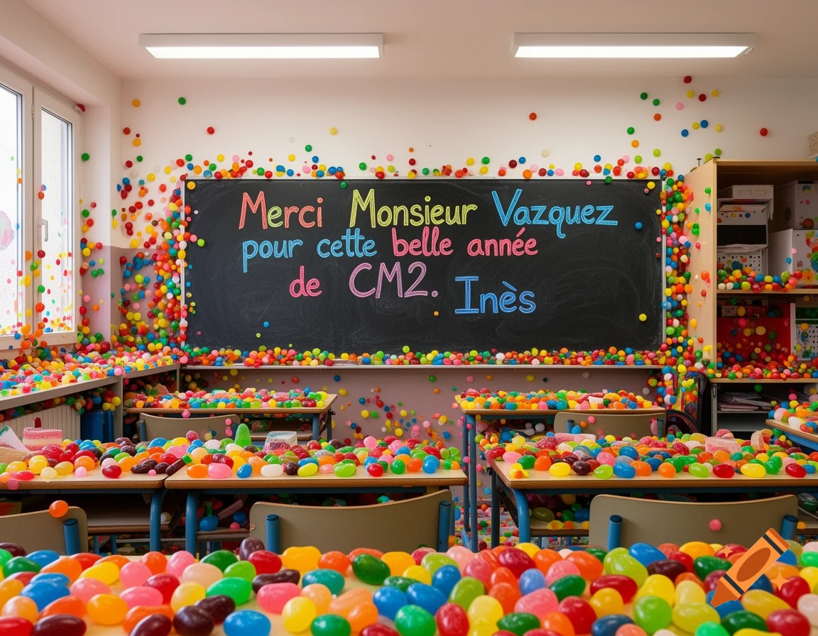 A classroom completely covered in colorful candies and jelly beans, with a thank you message written on the blackboard.