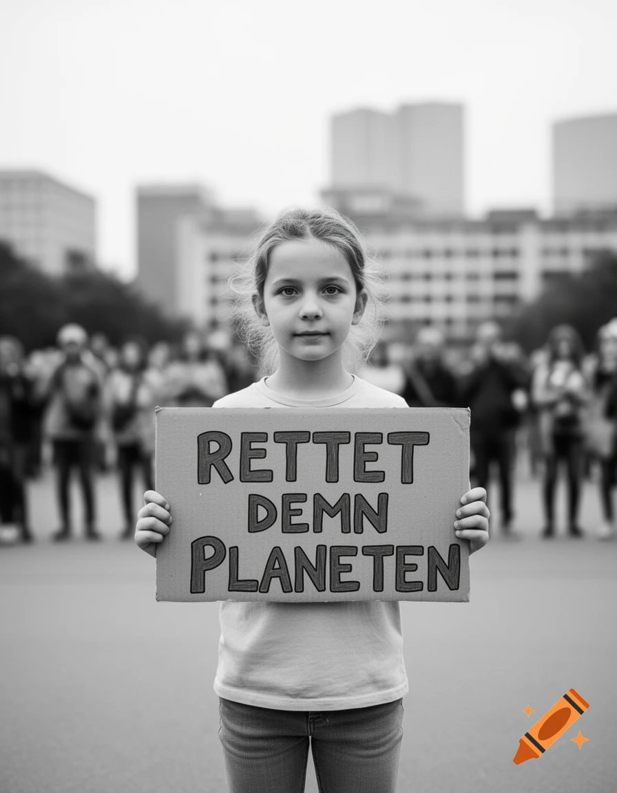 A serious young girl in a black and white photo holds a sign that reads 'RETTET DEMN PLANETEN' at a protest.