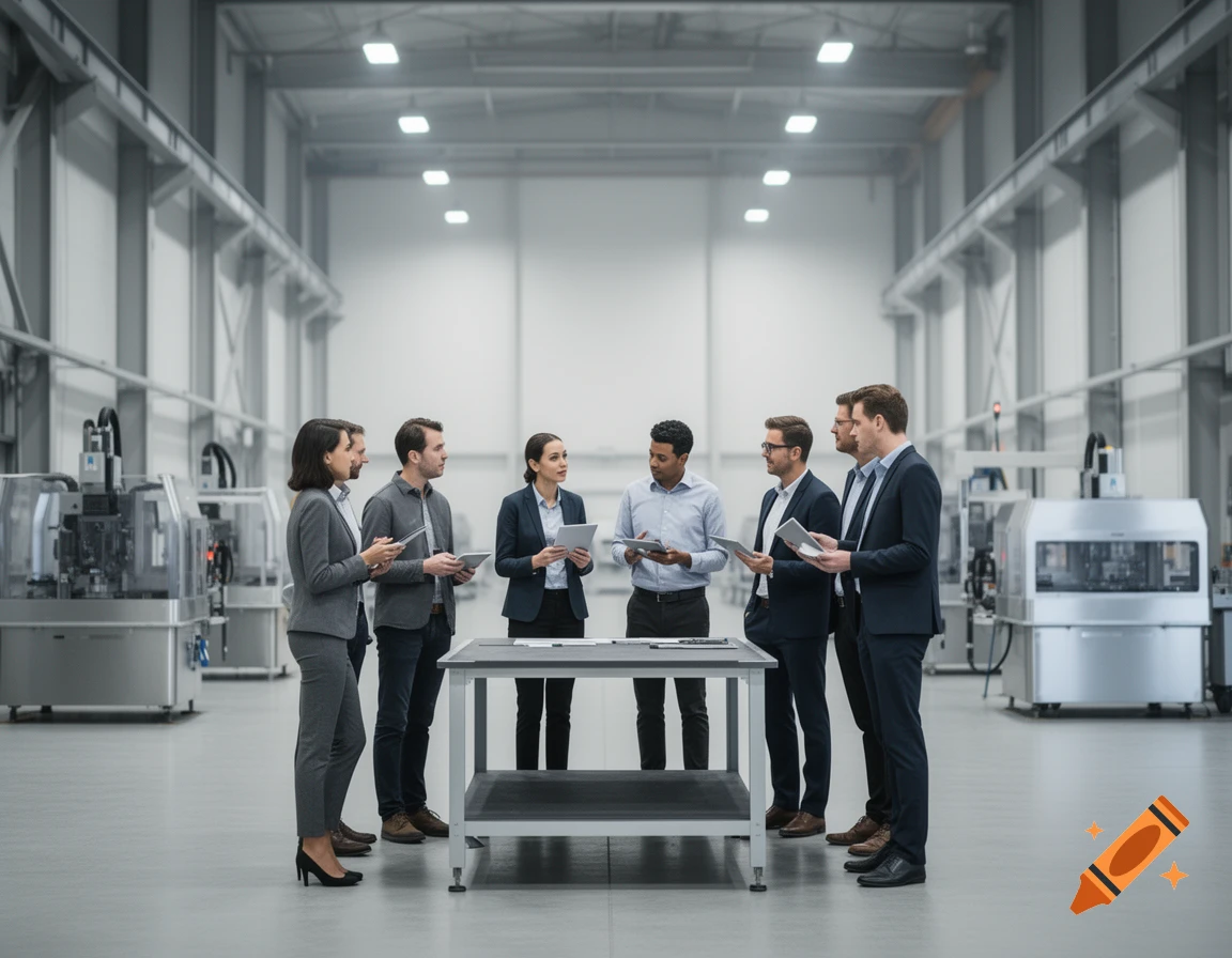 A diverse group of professionals in suits and business casual attire stand around a table in a modern factory hall.