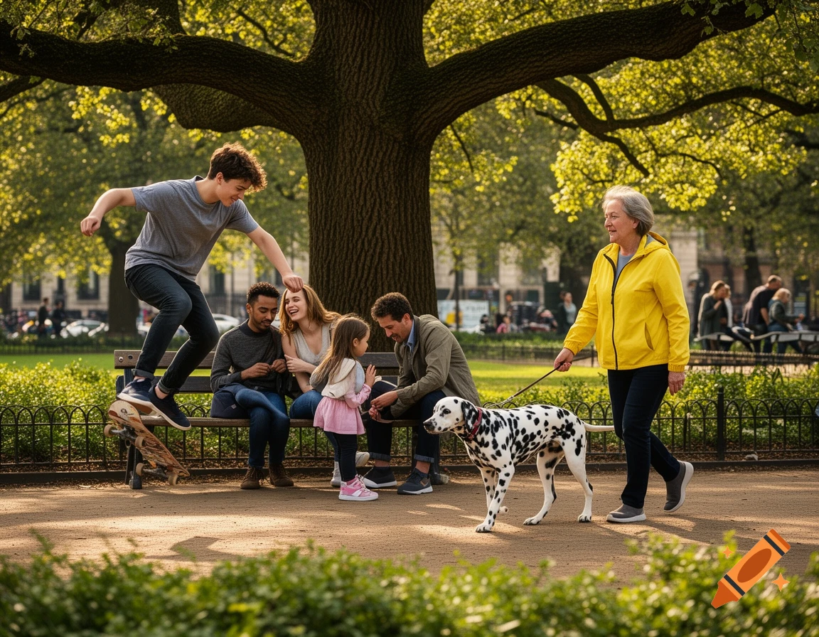 A diverse group of people and a Dalmatian dog in a sunny park. A young man jumps on a skateboard, while others sit on a bench and an older woman walks her dog.