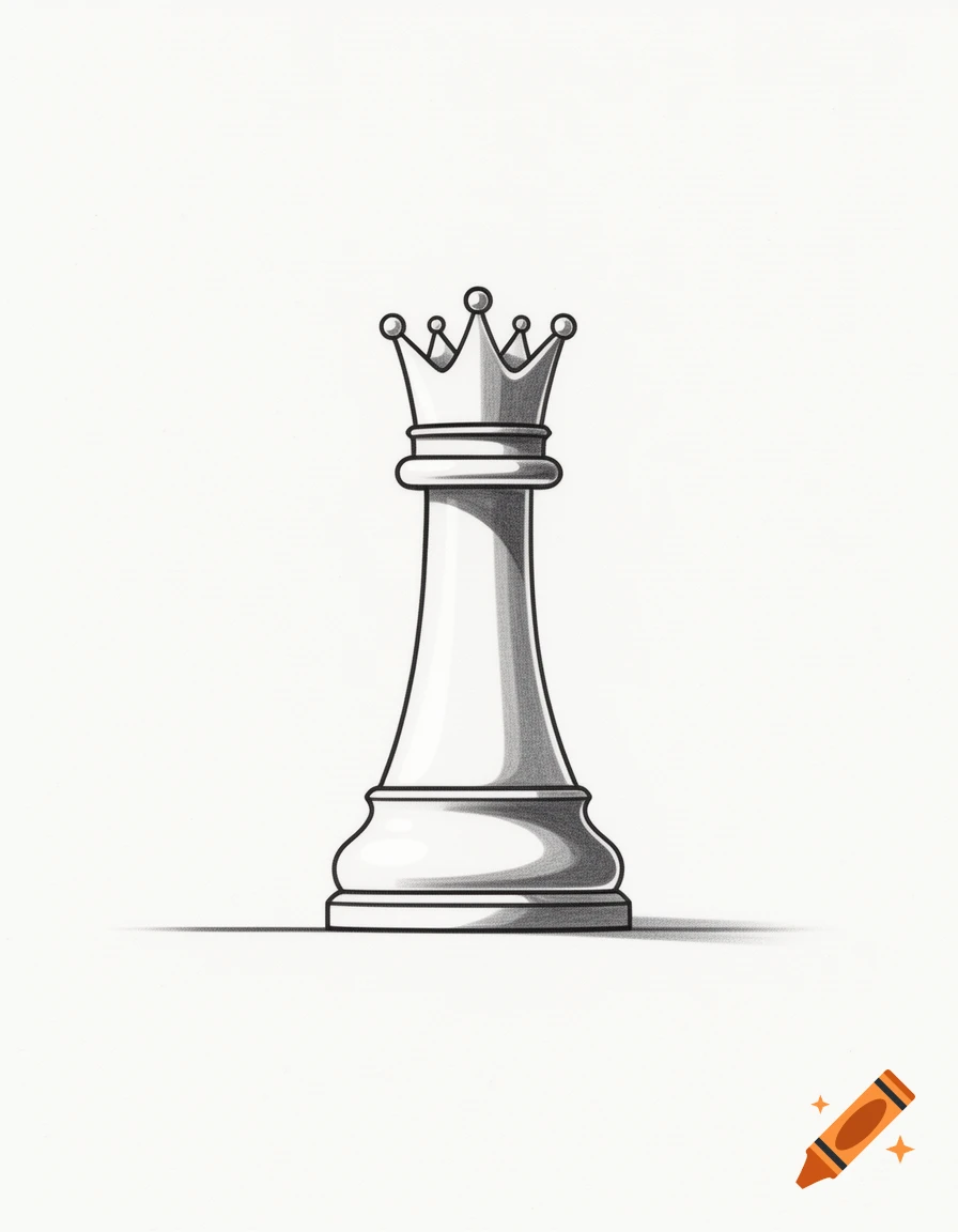 Simple sketch illustration of a white chess queen piece with subtle shading on a white background.
