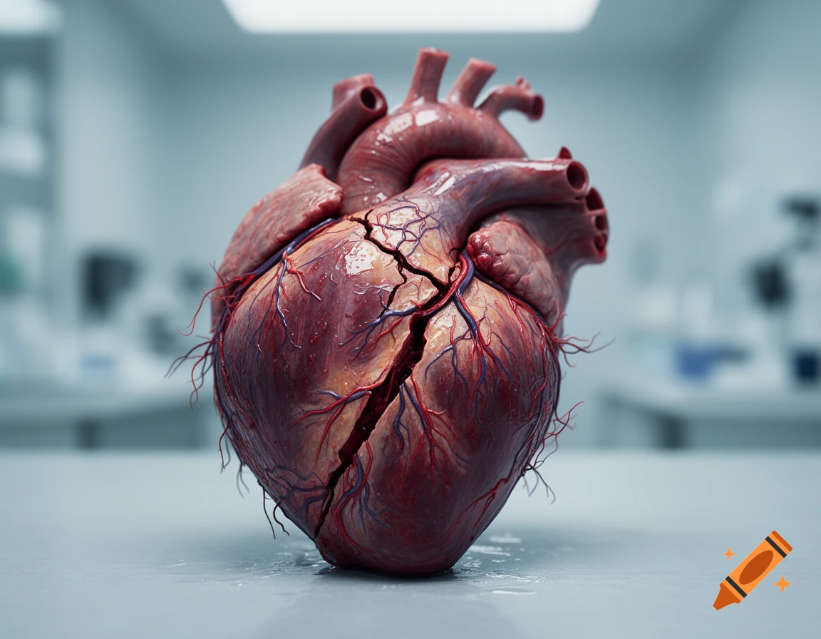 Hyperrealistic photo of a cracked human heart resting on a wet surface in a sterile, blue-tinted environment.
