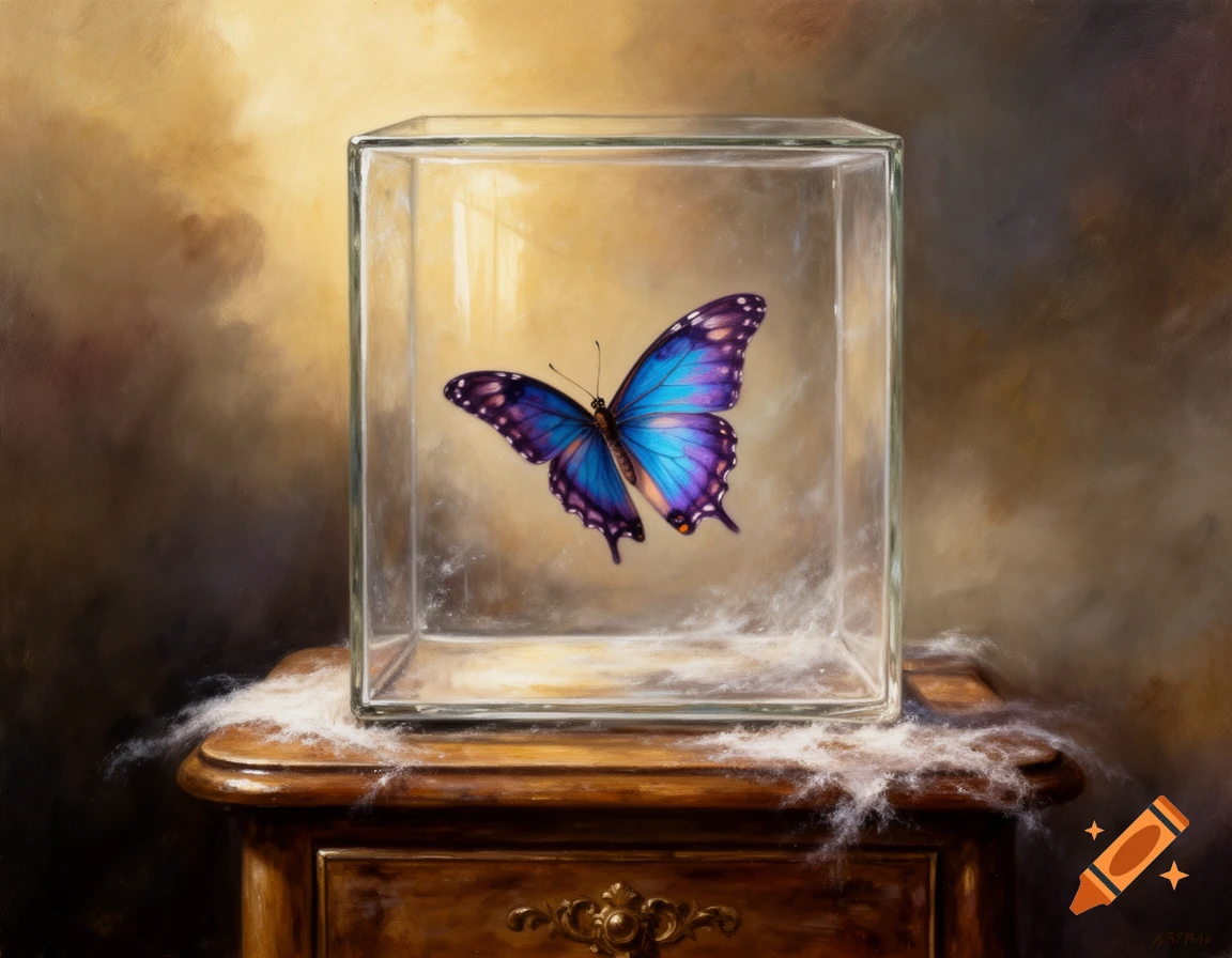 Oil painting of a vibrant blue and purple butterfly trapped inside a clear glass cube, resting on a dark wooden cabinet.