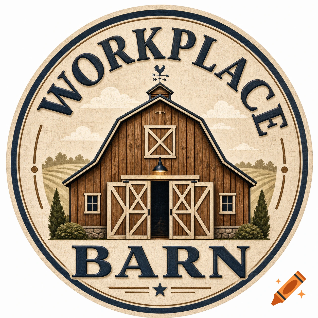 Vintage circular logo featuring a wooden barn with a weathervane, rolling hills, and text 'WORKPLACE BARN'.