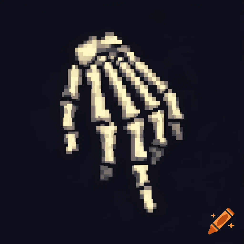 A pixel art skeleton hand pointing downward on a dark background.