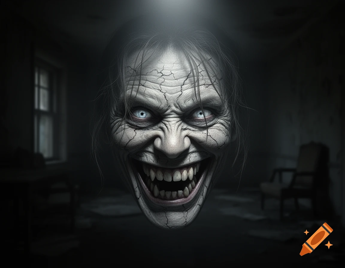 A terrifying, pale, cracked face with glowing blue eyes and a wide, toothy grin emerges from a dark, blurry room.