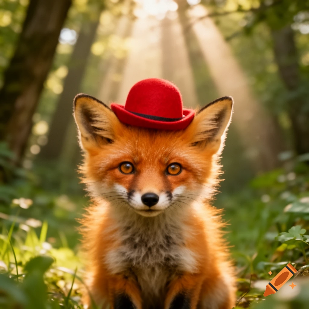 A photorealistic cute fox wearing a red hat sits in a sunlit forest.