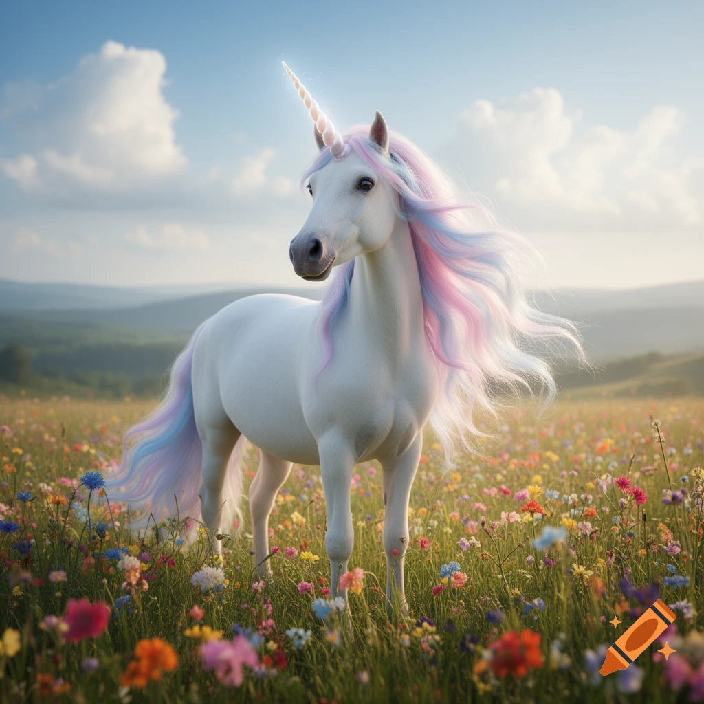 Photorealistic white unicorn with glowing horn and pastel mane and tail in a vibrant wildflower meadow under a blue sky.