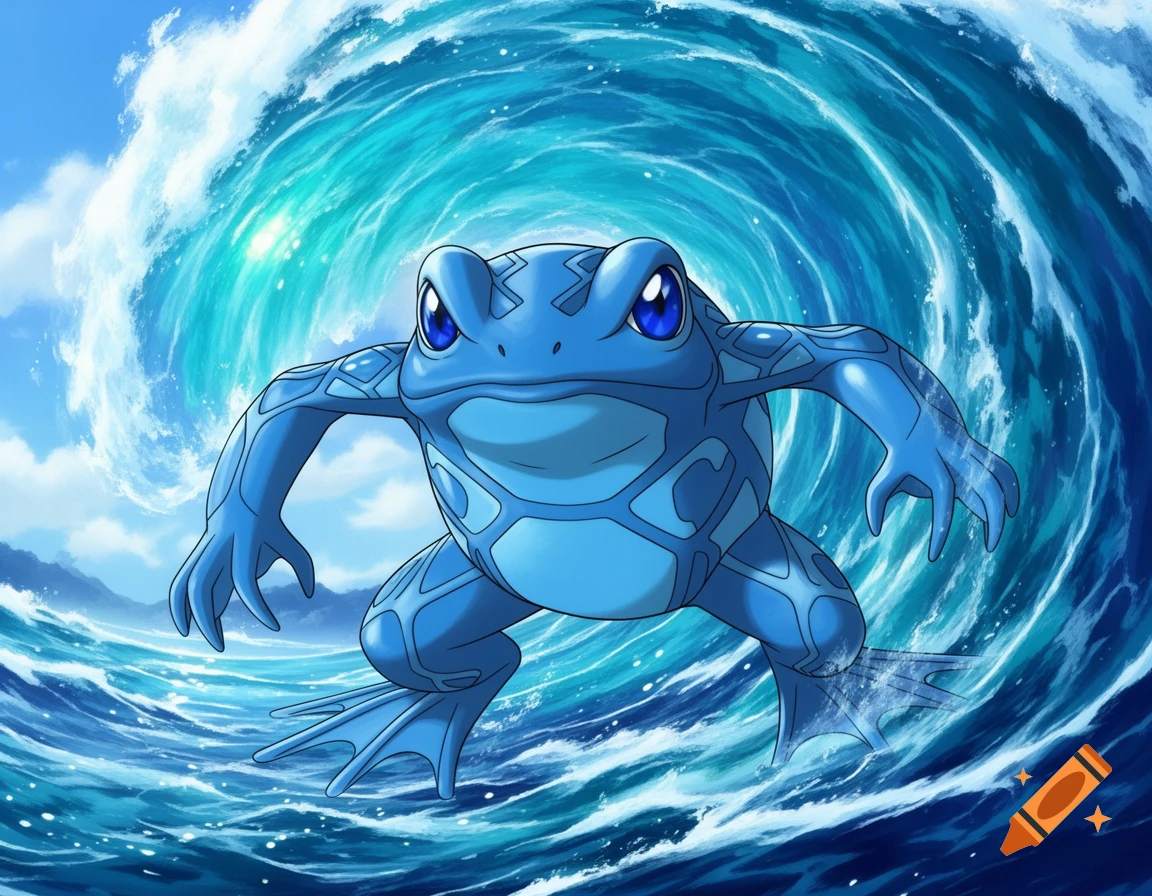 A blue, frog-like Pokemon with glowing eyes surfs a massive swirling blue wave under a blue sky, anime style.