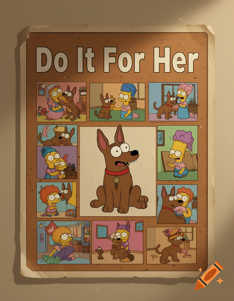 A Simpsons-style "Do It For Her" poster shows a large brown dog surrounded by smaller panels of various characters from the show interacting with the dog.