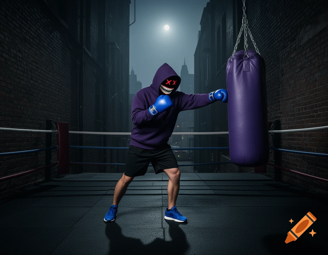 A person in a purple hoodie and a creepy mask with X eyes and sharp teeth wears blue boxing gloves, black shorts, and blue sneakers while punching a purple heavy bag in a boxing ring in a dark alley at night.