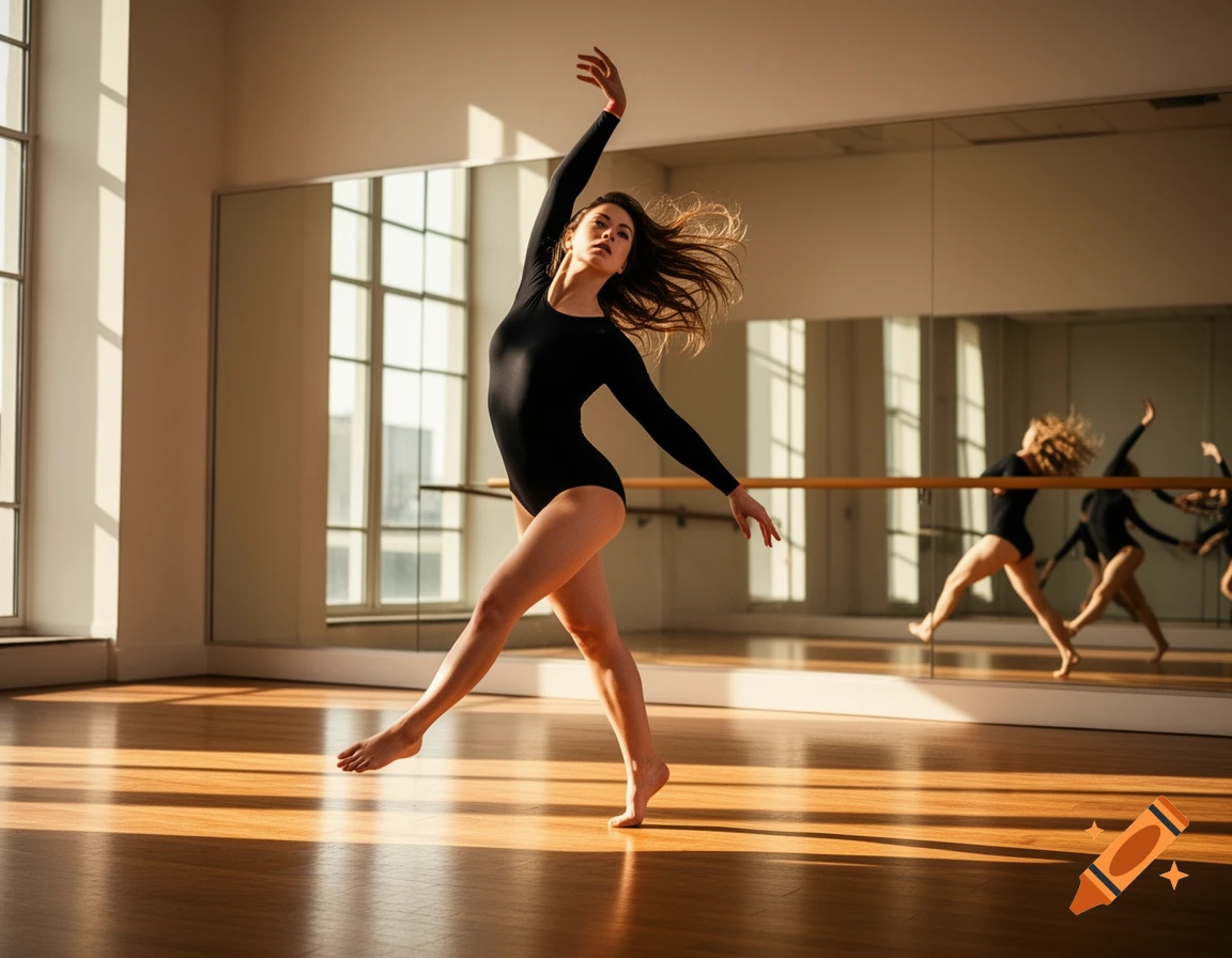 A female dancer in a black leotard poses gracefully in a sunlit dance studio with large windows and mirrors.