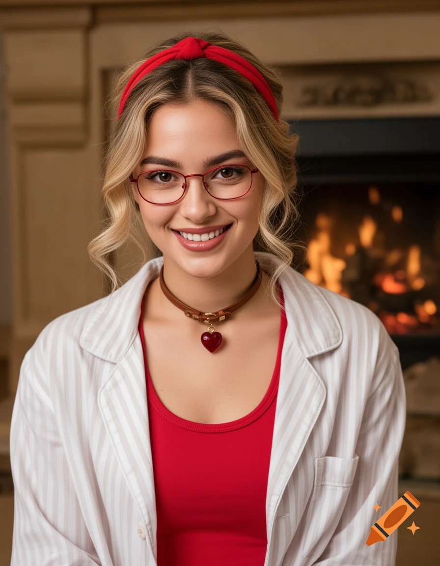 A photorealistic portrait of a smiling young woman with blonde hair, red headband, red glasses, a red top, a striped shirt, and a heart pendant, in front of a fireplace.