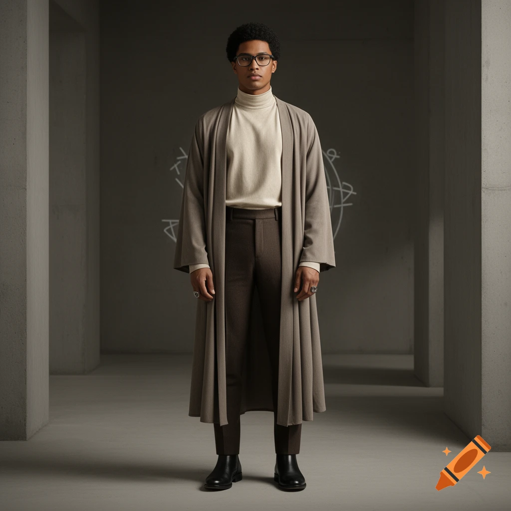 A man with afro hair and glasses wearing a long taupe robe-coat and high-neck tunic stands in a brutalist room with arcane symbols.
