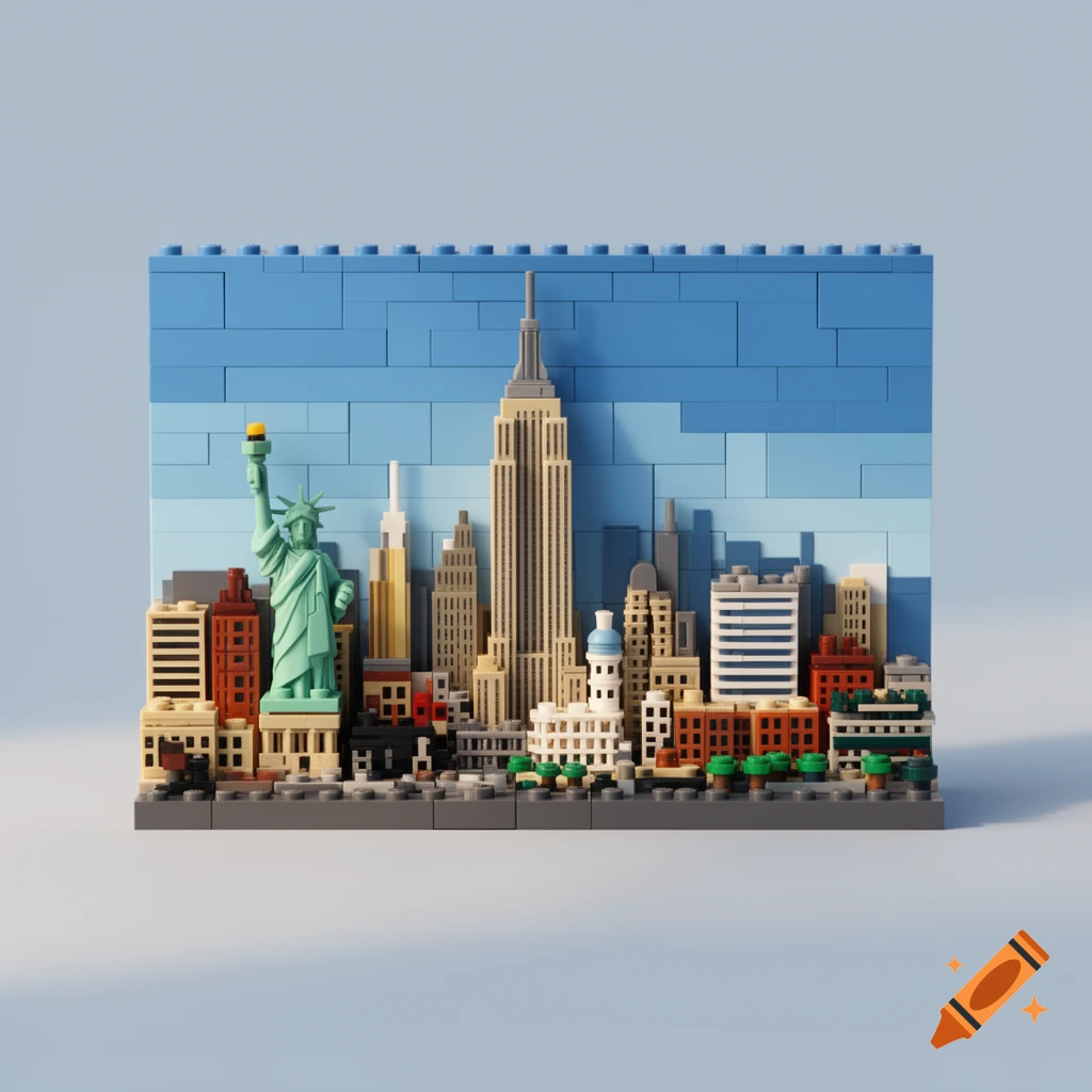 A LEGO model of the New York City skyline featuring the Statue of Liberty and the Empire State Building against a blue brick background.