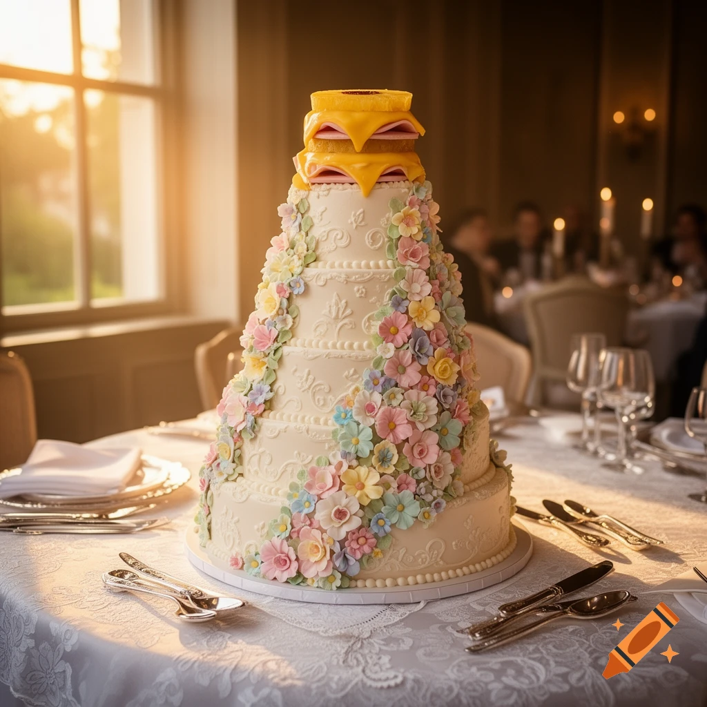 A multi-tiered wedding cake decorated with pastel flowers, topped with two ham and cheese toasts, on a table in a warm, window-lit room.