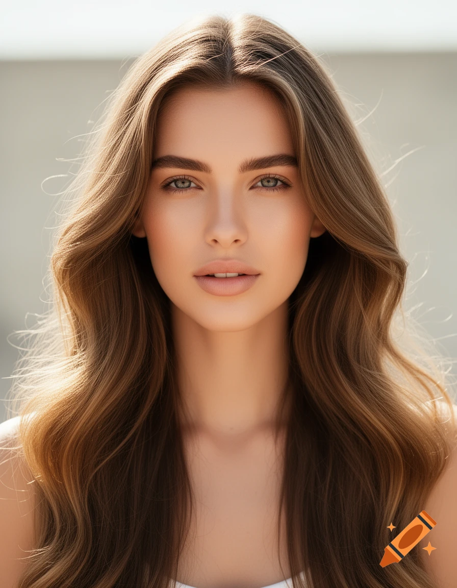 Close-up photorealistic portrait of a young woman with long, wavy brown hair parted down the middle.