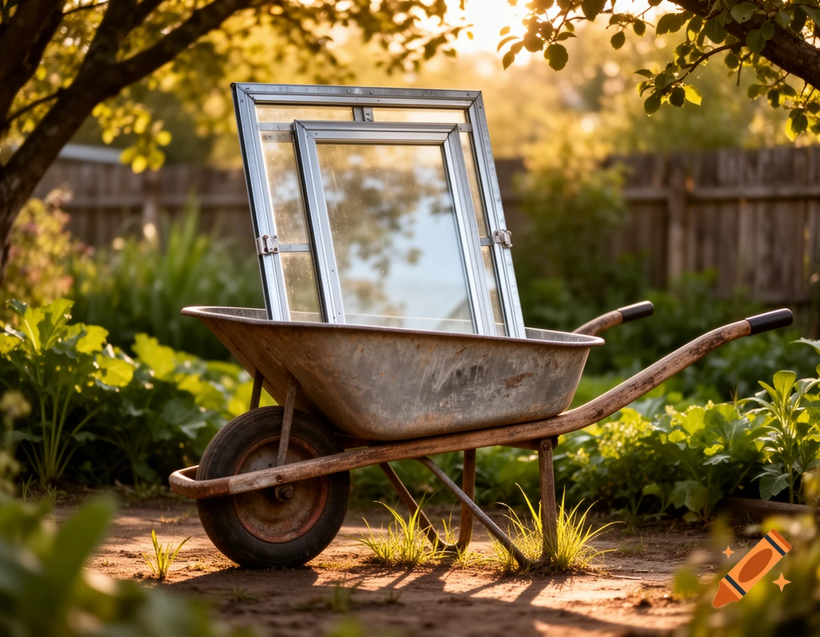 A rustic wheelbarrow carrying two window frames, bathed in warm sunlight in a lush garden setting.