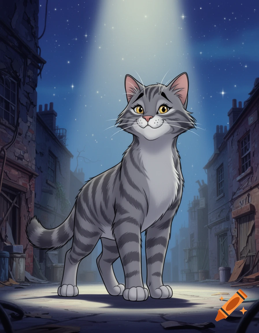 A grey tabby cartoon cat stands in a dark alley under a spotlight.