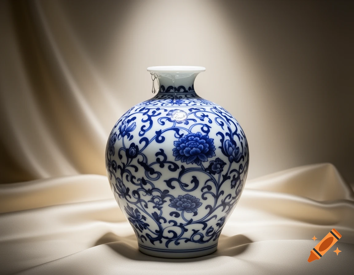 A blue and white porcelain meiping vase with intricate floral patterns and water drops, set against a draped beige fabric background.