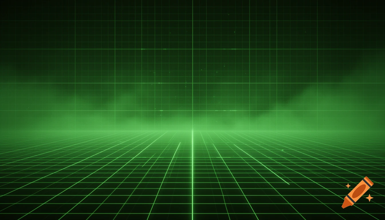 Endless neon green holographic grid background with glowing lines receding to a vanishing point, volumetric fog, futuristic style.