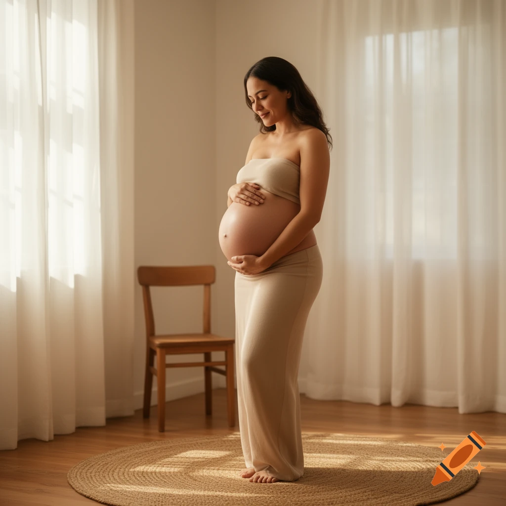 A pregnant woman in a strapless top and long skirt cradles her belly in a sunlit room with sheer curtains.