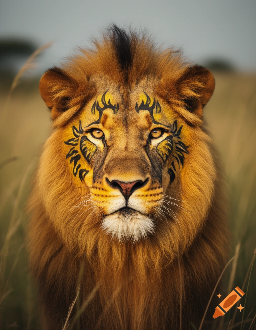 Photorealistic close-up of a lion with intricate black and yellow face paint, gazing forward in a savanna.