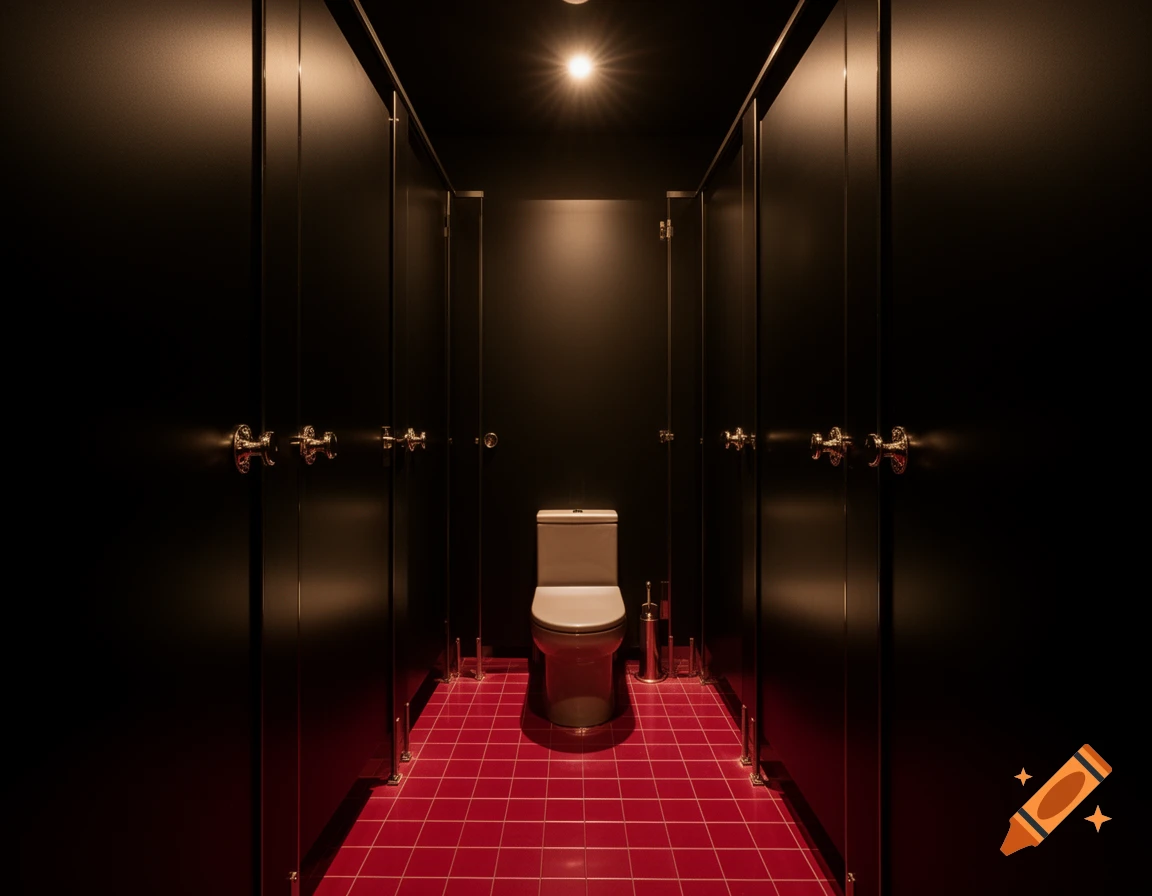 A luxurious public restroom with black stalls, a white toilet, and red tiled floors, seen from inside a stall with movie theatre lighting.