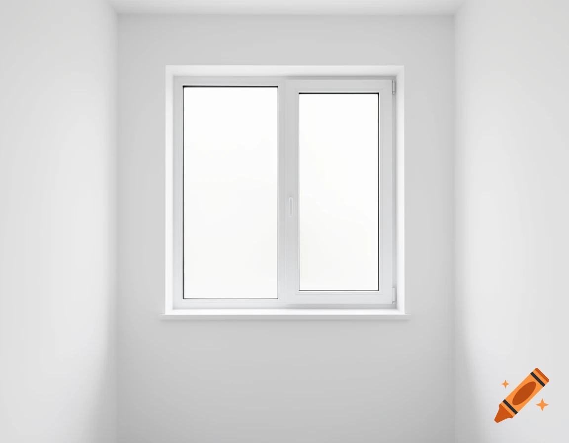 A clean, empty white room with a centered white-framed window looking out onto a bright white space.