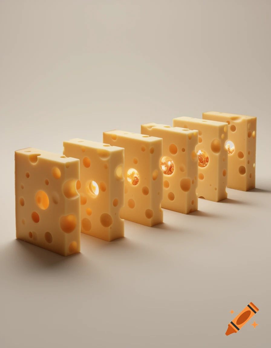 Six photorealistic slices of Swiss cheese with glowing holes, arranged diagonally on a light background.