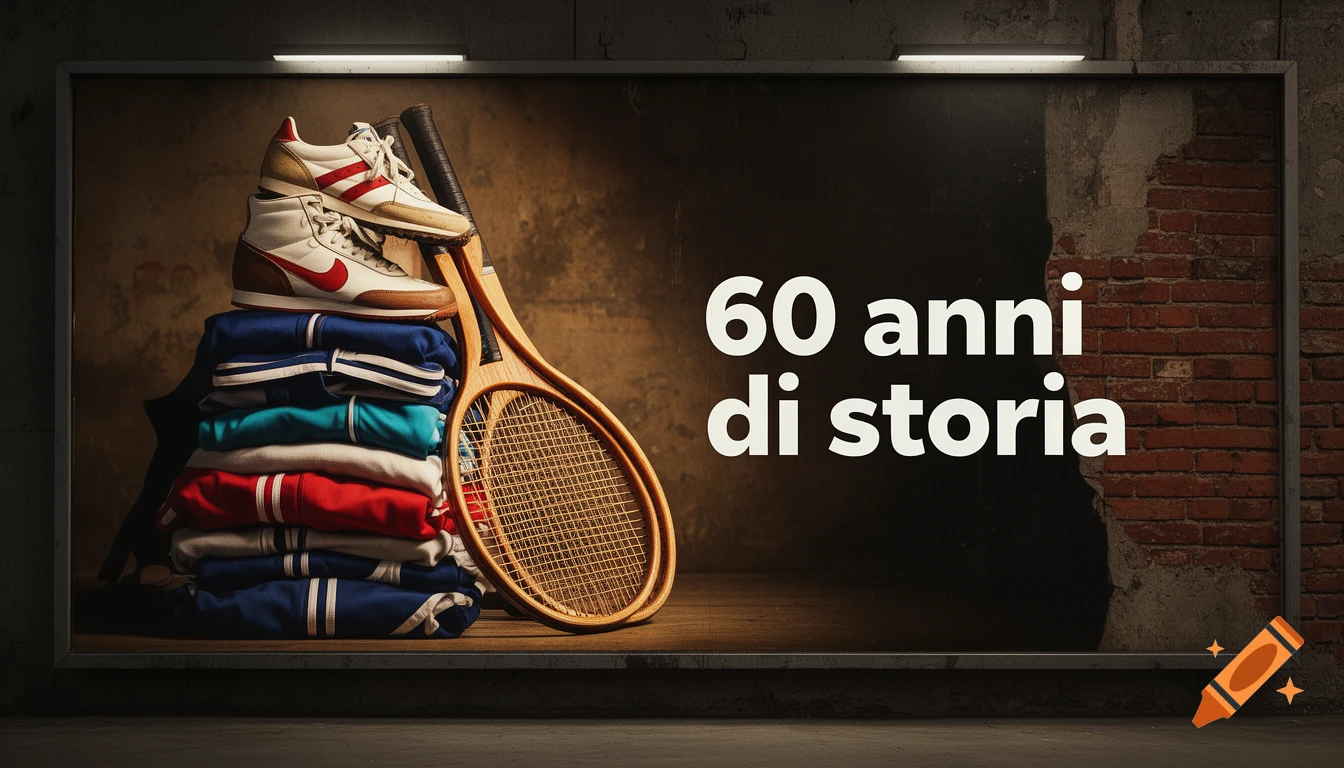 Vintage sports sneakers, folded apparel, and a wooden tennis racket stacked next to a billboard displaying '60 anni di storia'.
