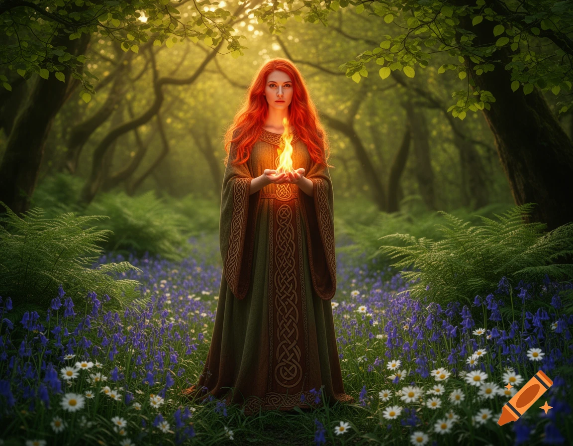 A red-haired Celtic Goddess Brigid in a green dress stands in a sunlit forest, holding a flame. Blue and white flowers surround her.
