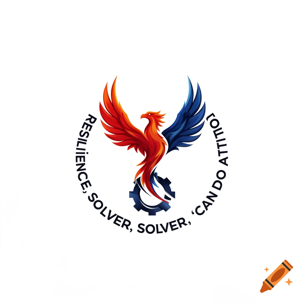 Logo of a red and blue phoenix on a gear, encircled by text 'RESILIENCE, SOLVER, SOLVER, 'CAN DO ATTITUD'.