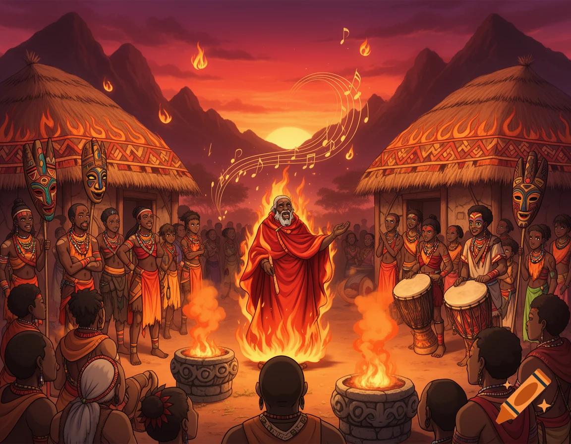 Vibrant illustration of an elder in a red robe addressing a tribal gathering with drums and fires at sunset in an African fantasy village.