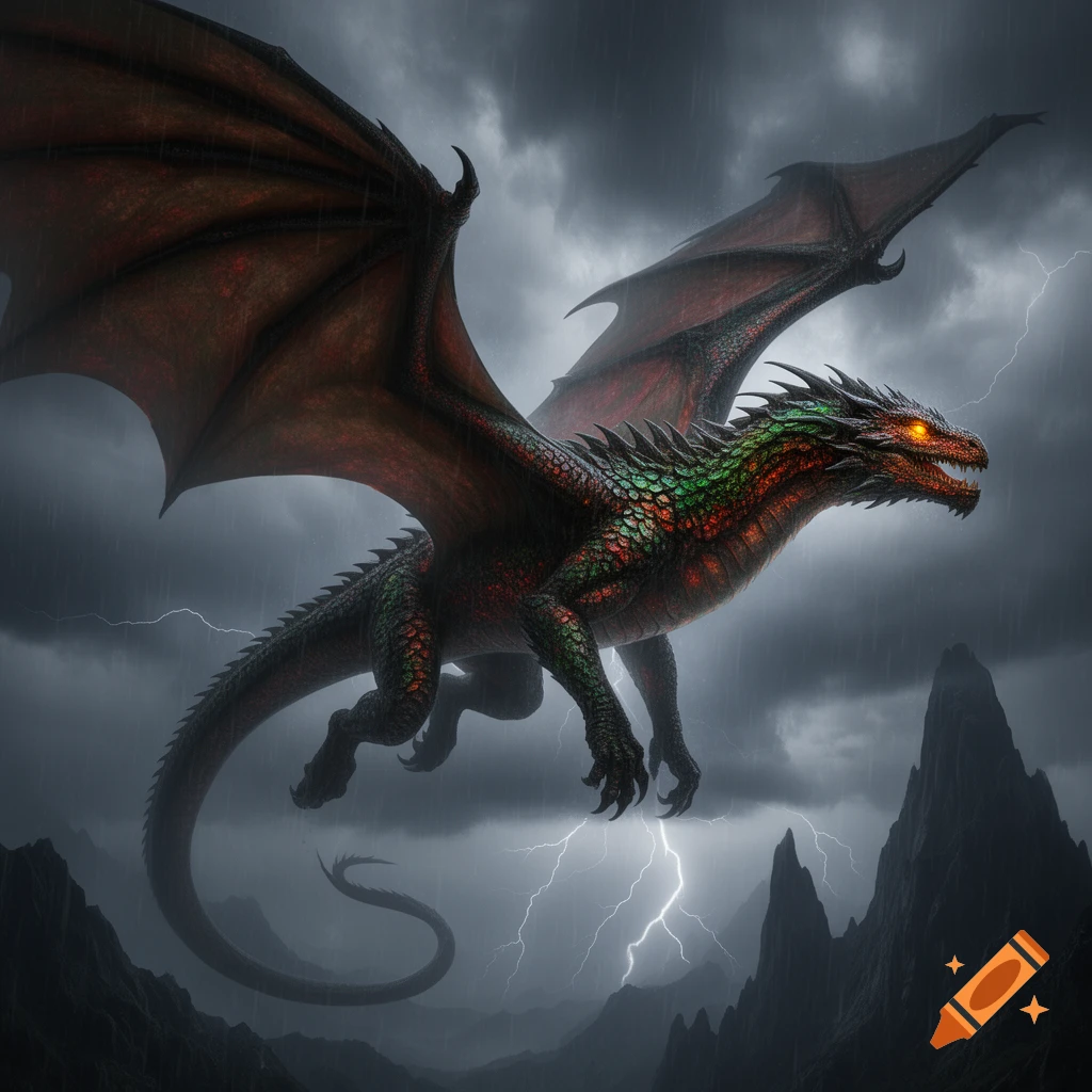 A powerful dragon with green and red scales and glowing orange eyes flies through a stormy sky with lightning over dark mountains.