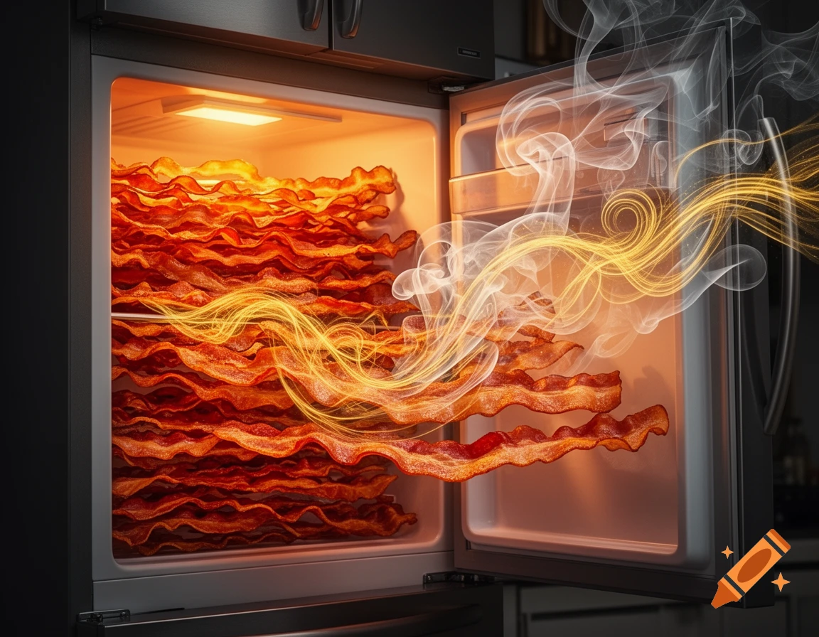 Surreal digital artwork of an open refrigerator filled with crispy bacon, emanating stylized smoke and golden vapor.