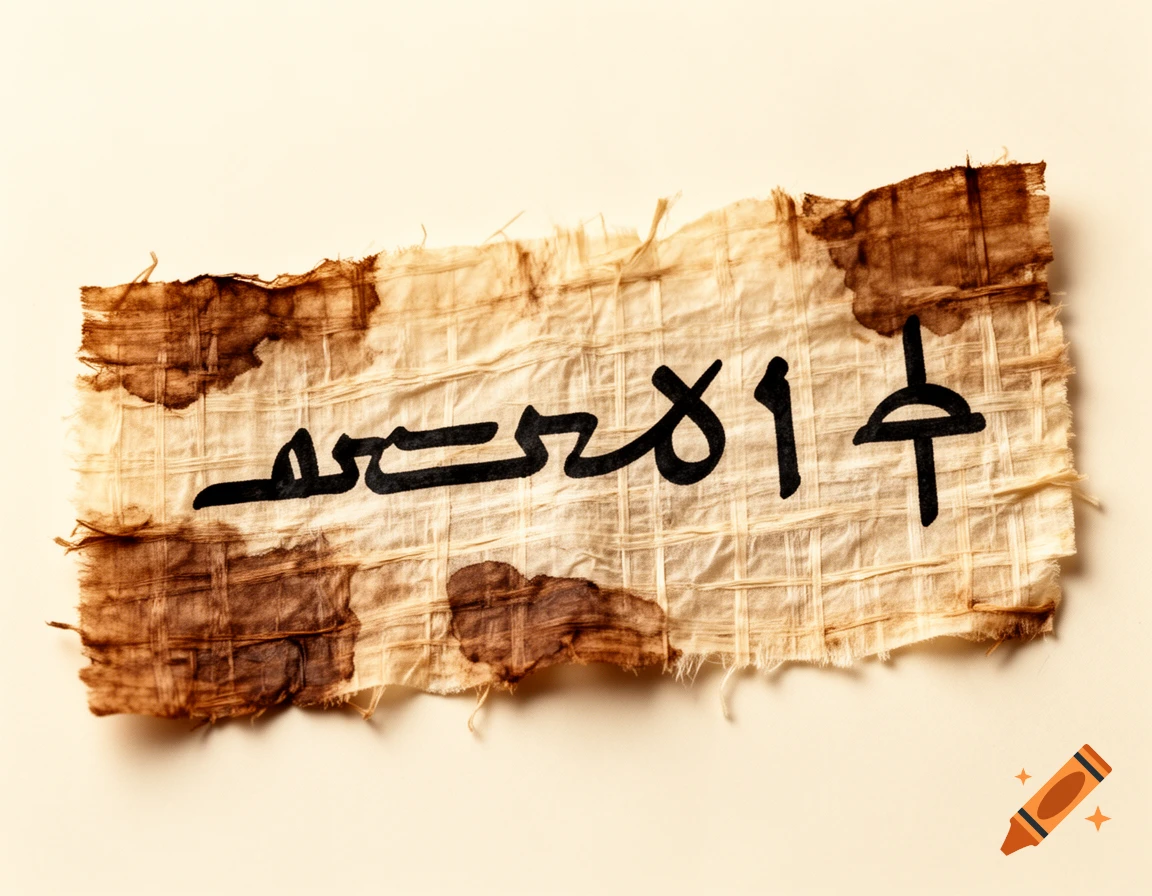 A close-up shot of a torn, coffee-stained papyrus fragment with dark black custom alchemical script and an esoteric symbol.