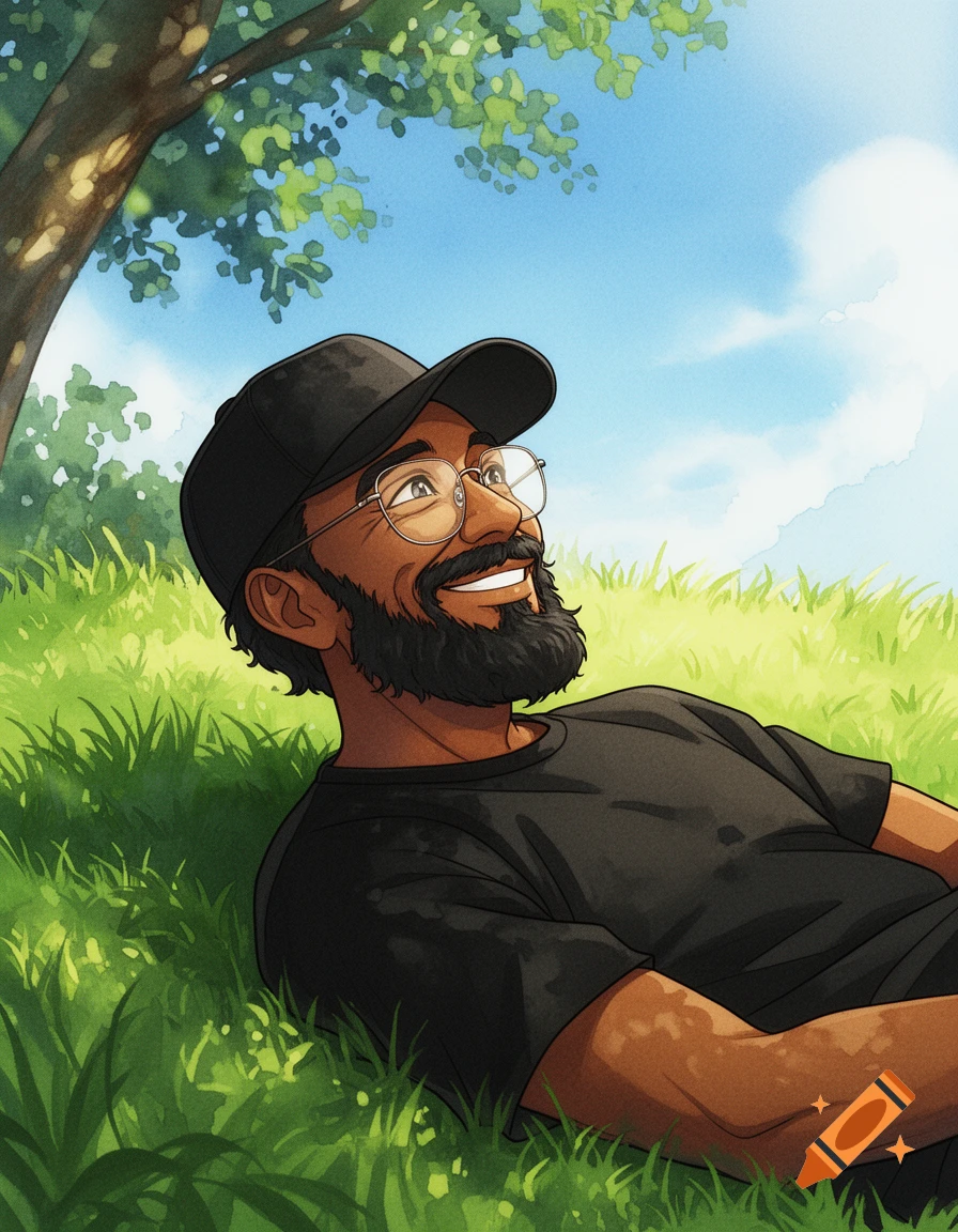 Anime watercolor illustration of a man with a beard and glasses, wearing a black hat and shirt, lying in green grass looking up at the blue sky and trees.