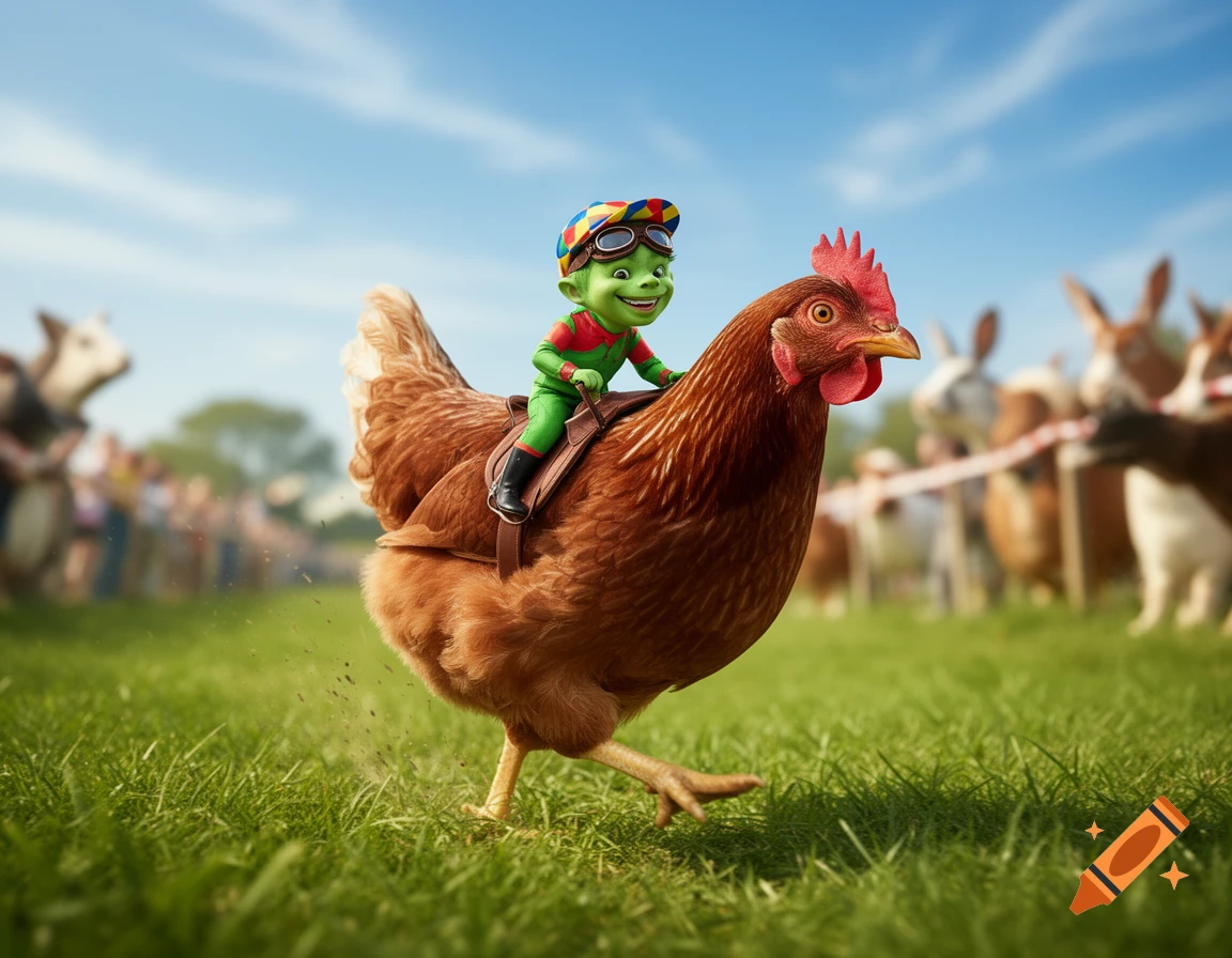 A smiling green goblin-like creature wearing a colorful jockey helmet and green suit rides a brown chicken across a grassy field during a race.