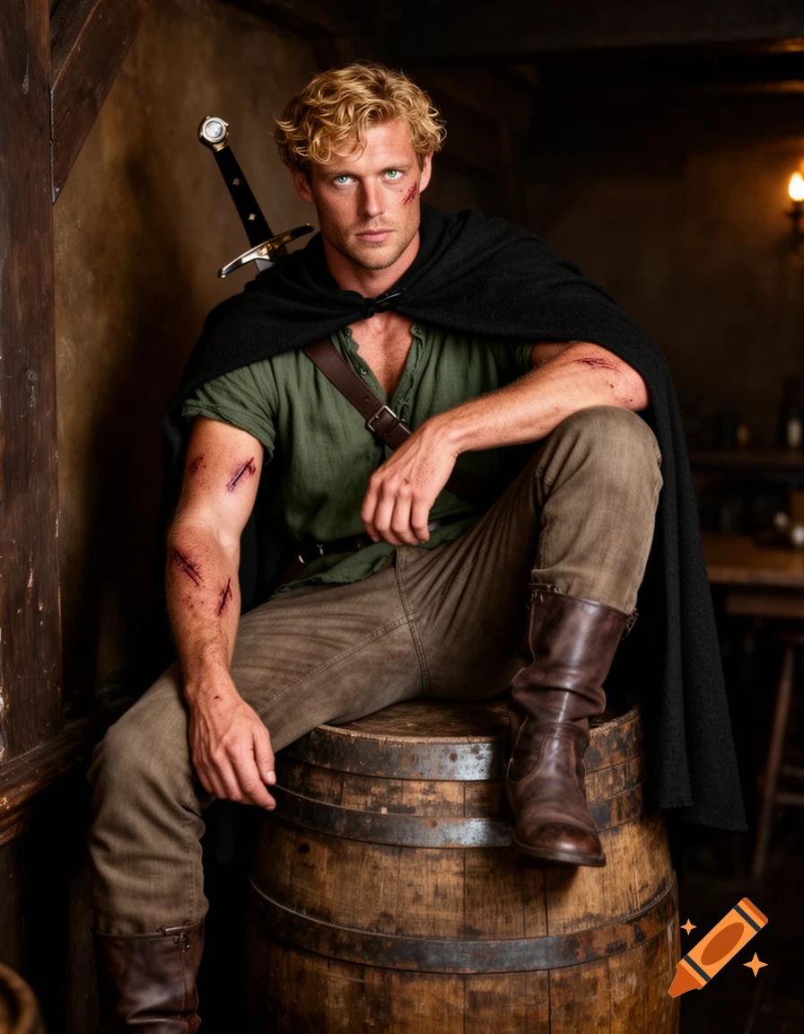 Photorealistic image of a blond man with scars, wearing a green shirt, black cape, and sword, sitting on a wooden barrel.