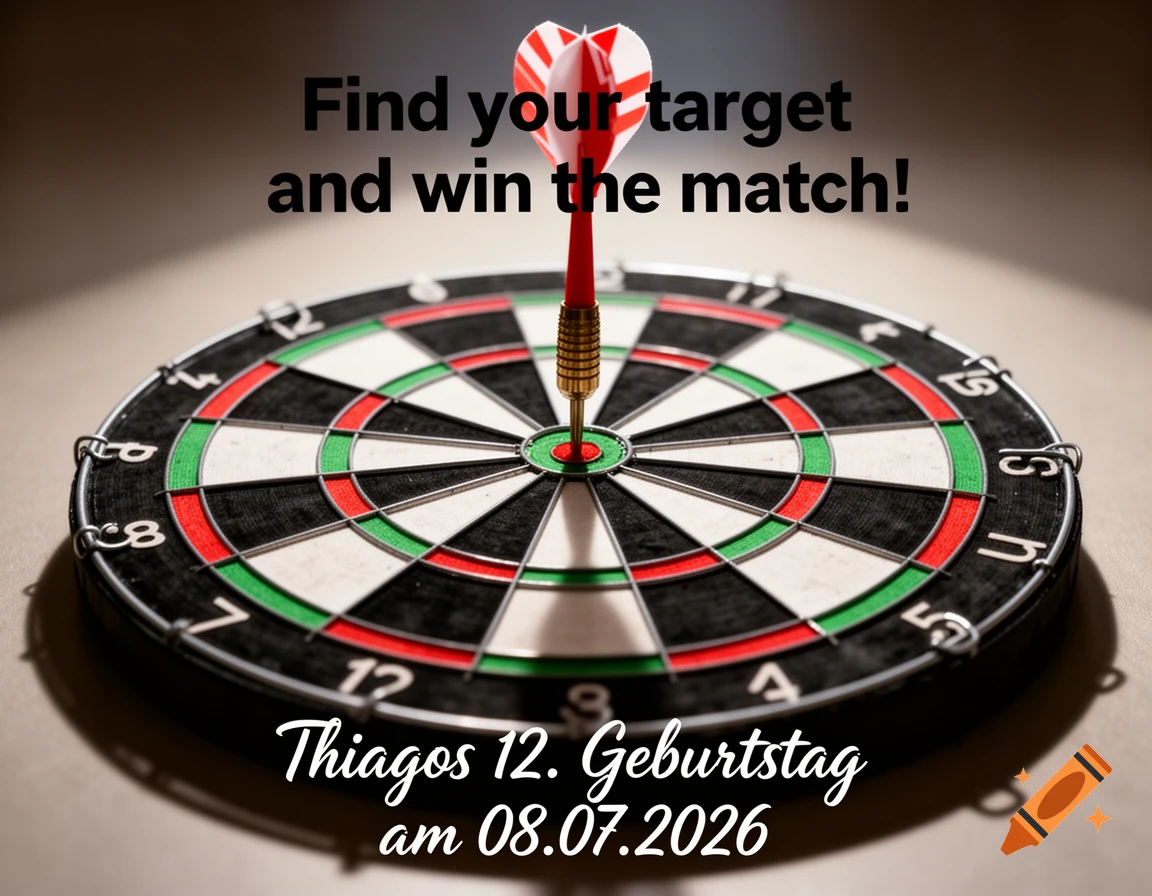 A dartboard with a red and white dart stuck in the bullseye. Text overlay reads: "Find your target and win the match!" and "Thiagos 12. Geburtstag am 08.07.2026".
