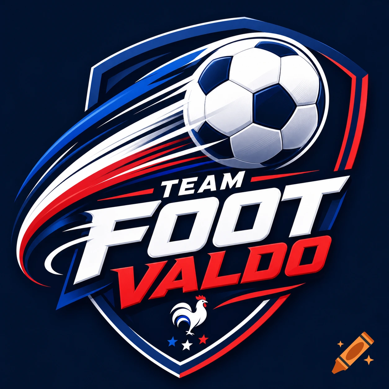 A stylized football logo with a soccer ball, red, white, and blue swooshes, a rooster, and the text 'TEAM FOOT VALDO' on a dark blue background.