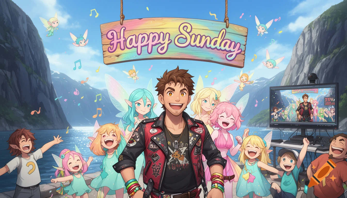 Anime scene of a man, children, and fairies celebrating by a Norwegian fjord with a 'Happy Sunday' sign.