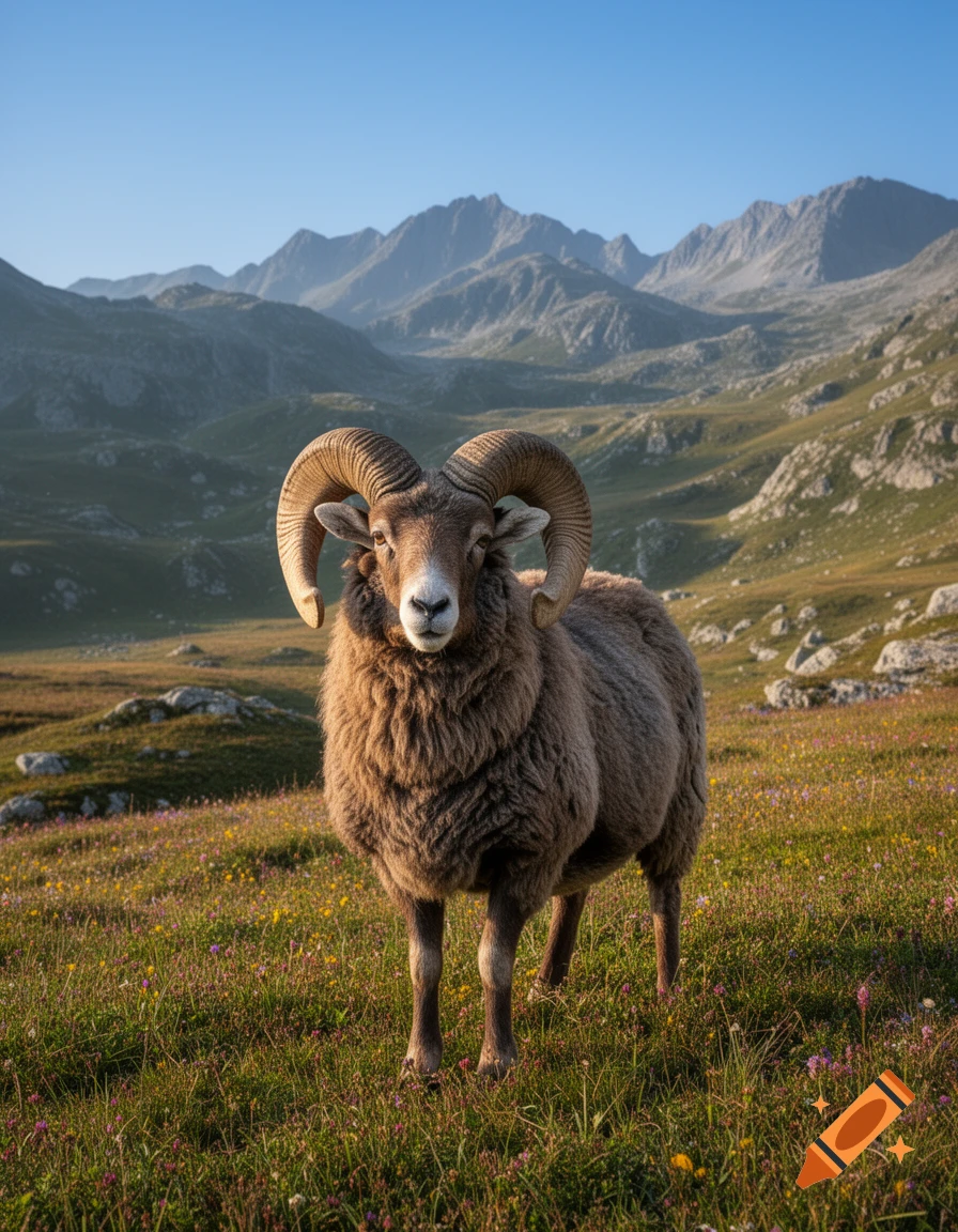 A majestic ram with large curved horns stands in a vibrant green mountain meadow filled with wildflowers under a clear blue sky.
