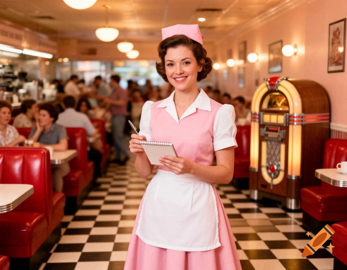 A smiling vintage-style waitress in a pink uniform and apron holds a notepad in a bustling 1950s diner with a jukebox.