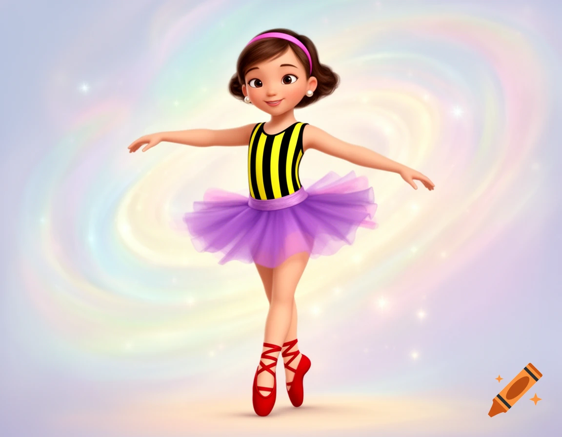 Animated girl ballerina in a black and yellow striped leotard, purple tutu, red ballet slippers, and pink headband, posing against a pastel swirling background.
